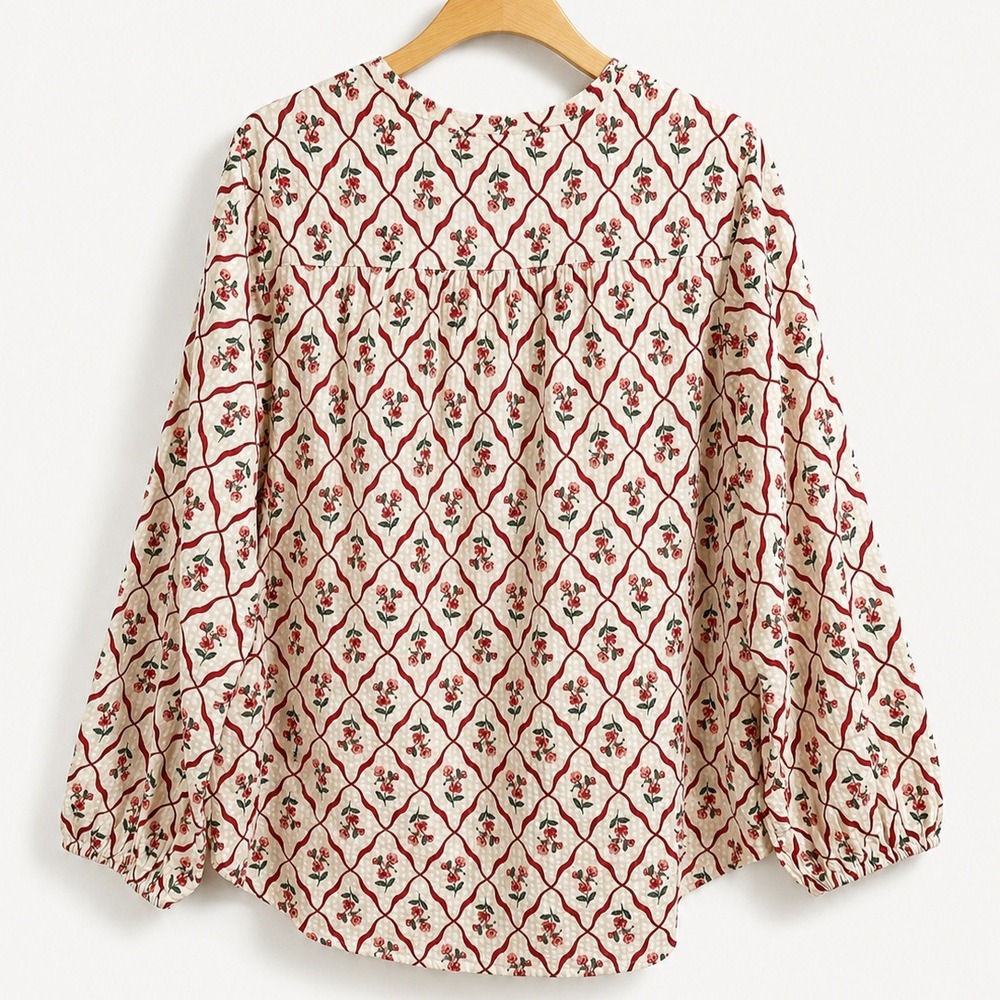 Lucky Brand Boho Quilted Floral Peasant Button Blouse Women L Cream CotttageCore - Picture 3 of 11